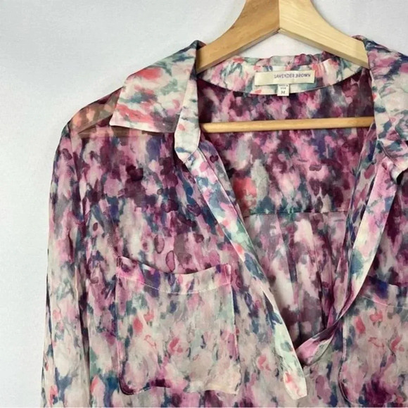 Lavender Brown Purple Printed Silk Popover Long Sleeve Blouse M - Picture 3 of 3